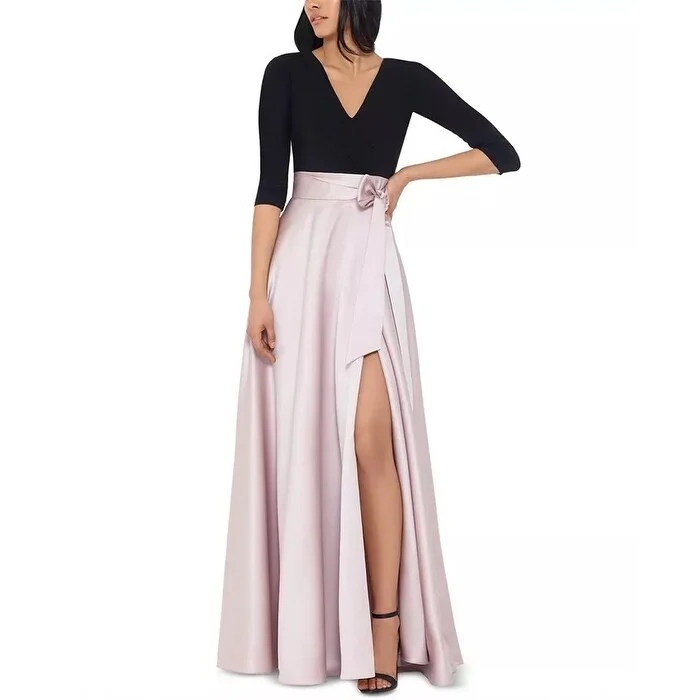 women's metallic dressesXscape Women's Colorblocked Satin Skirt Gown Beige Size 14 Petite - 14P