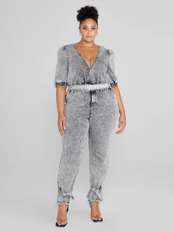 women's elegant jumpsuitsHannah Belted Acid Wash Denim Jumpsuit