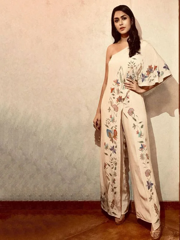 women's formal jumpsuitsRI Ritu Kumar Beige Floral One-Shoulder Jumpsuit