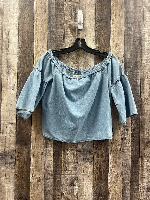 women's T-shirts with ruffle accentsBlue Denim Top Short Sleeve Madewell, Size Xs