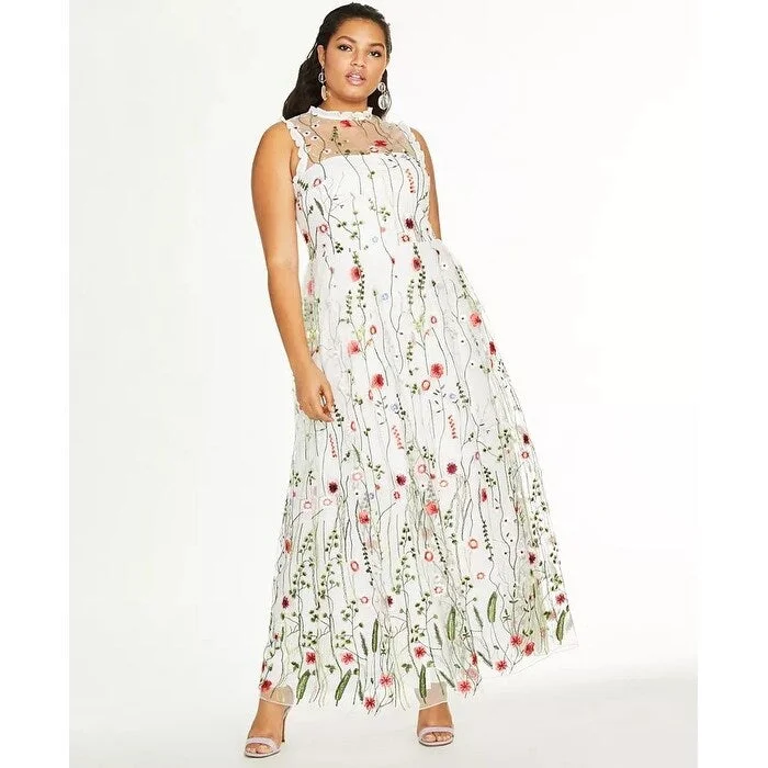 women's cinched-waist dressesCity Studios Women's Trendy Plus Size Embroidered Floral Gown White Size 22