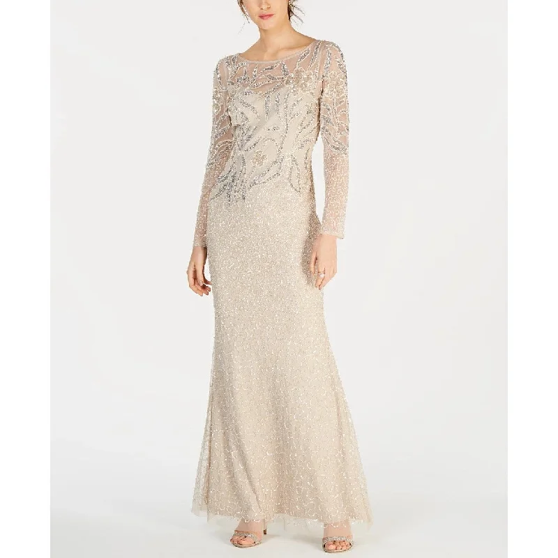 women's neon dressesAdrianna Papell Women's Long Sleeve Beaded Column Gown Beige Size 4