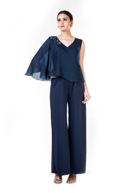 women's retro jumpsuitsBlue Embroidered Cape Palazzo Jumpsuit