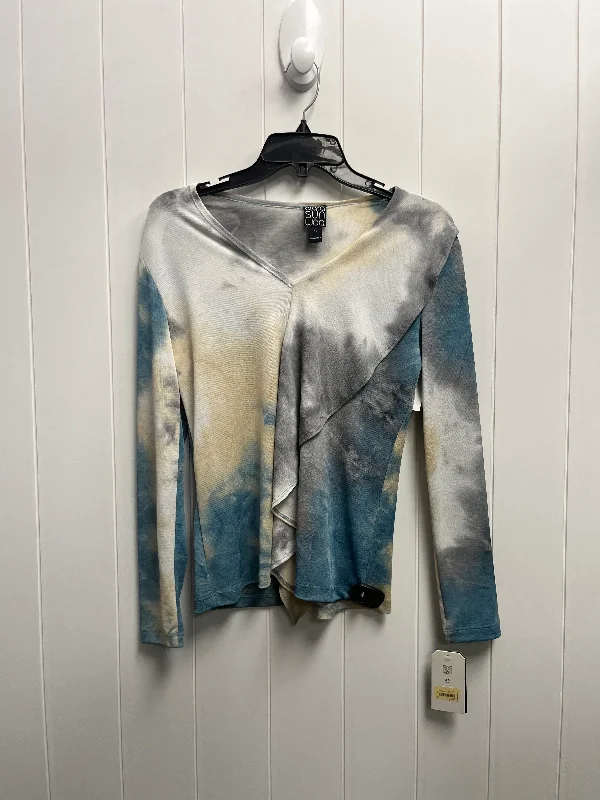 women's long sleeve tops for cocktail partiesBlue & Tan Top Long Sleeve Clara Sun Woo, Size Xs