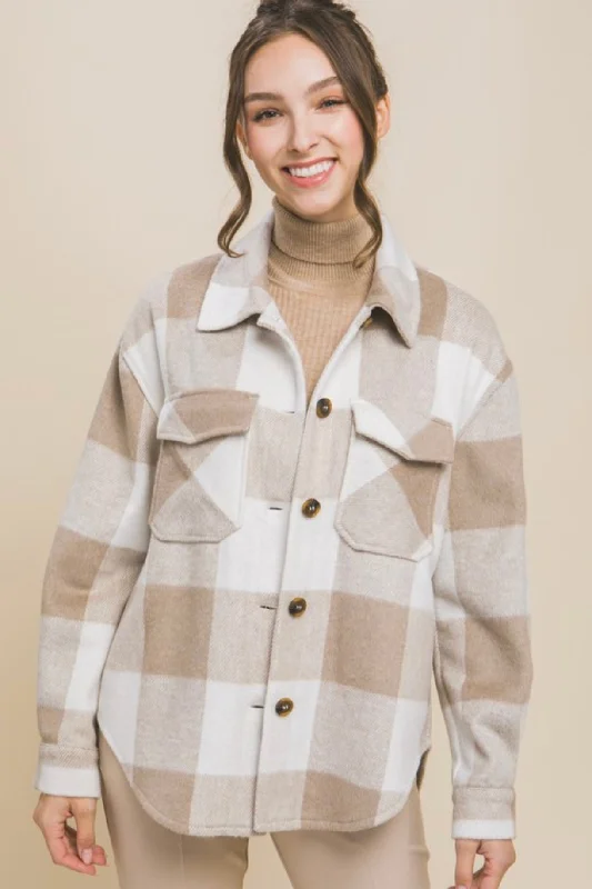 women's tops for those who want to create outfits that are both unique and memorableTaupe Keep Shining Plaid Shacket