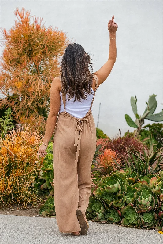 women's jumpsuits with short sleevesShe's Sorted Suspender Overalls - Tan