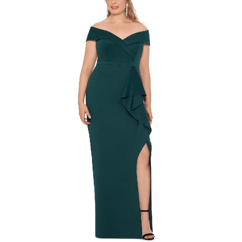 women's cocktail dressesXscape Women's Plus Size Ruffled Off-The-Shoulder Gown Green Size 14 W