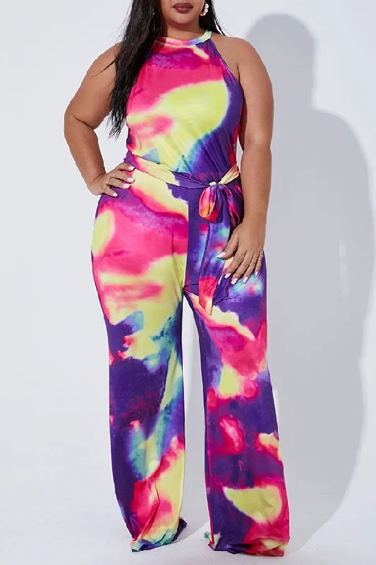 women's jumpsuits with cinched waistsPlus Size Halter Jumpsuit with Attached Tie in Fuchsia Purple and Yellow Tie Dye Print