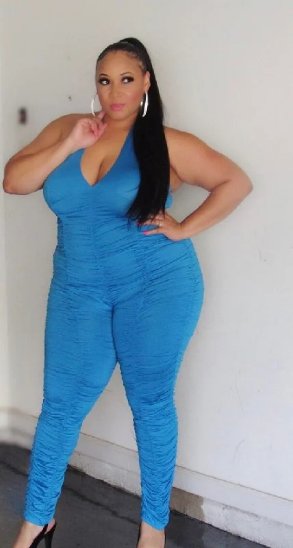 women's jumpsuits with round necksWomen's Plus Size Ruched Halter Jumpsuit in Turquoise