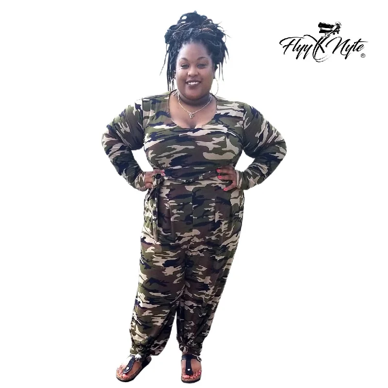 women's jumpsuits for springPlus Size Camo Print Long Sleeve Jumpsuit