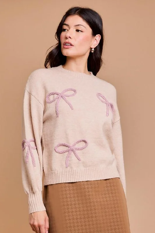 women's tops for glamorous eveningsMauve Stitched Bow Sweater