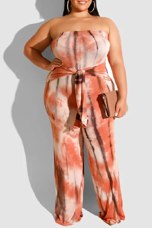 women's jumpsuits for summerPlus Strapless Peach Tie Dye Jumpsuit