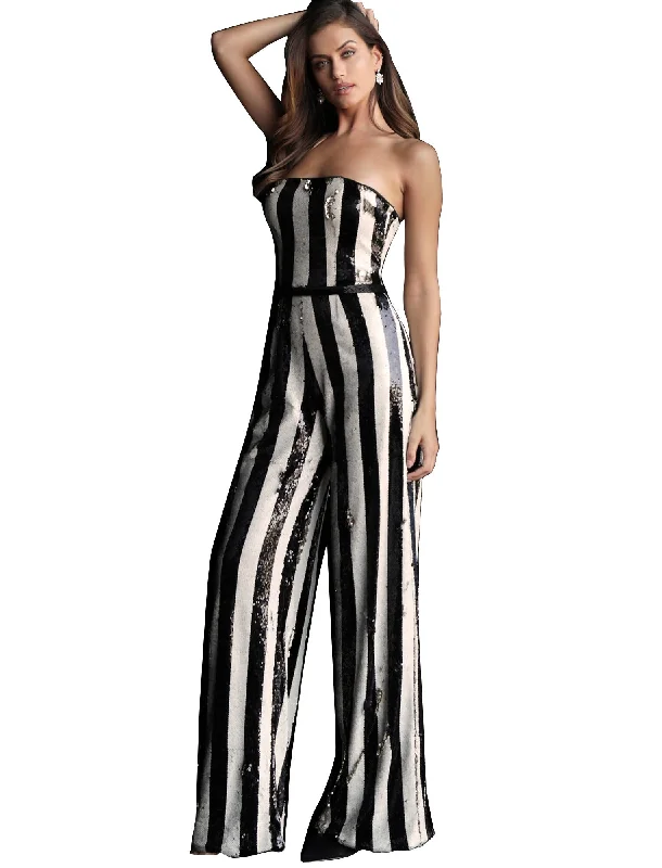 women's high-slit jumpsuitsJovani Black White Sequin Strapless Prom Jumpsuit Dress