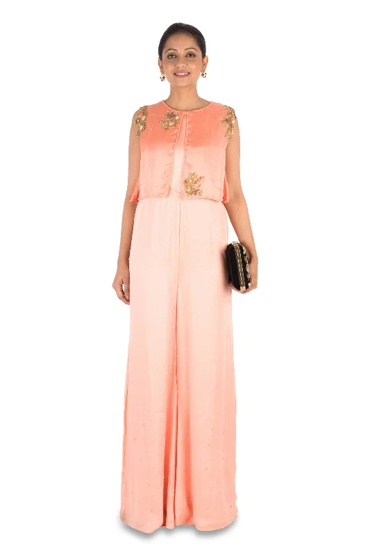 women's vintage jumpsuitsHand Embroidered Peach Jumpsuit With Attach Jacket