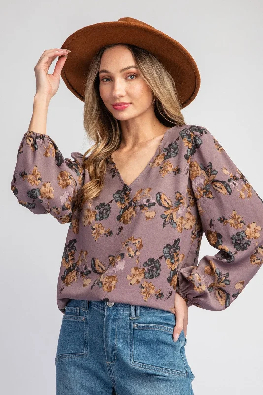 three-quarter sleeve women's topsThat Friday Feeling Dusty Plum Floral Top - FINAL SALE