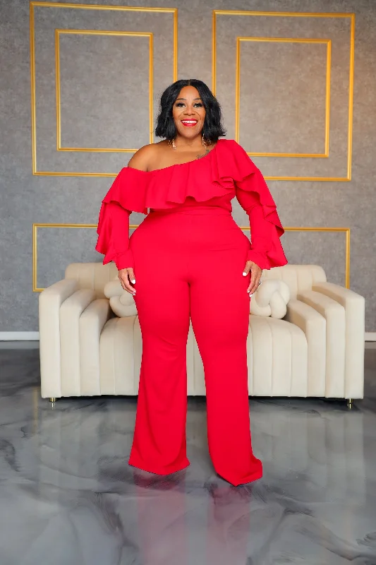 women's jumpsuits for date nightsRed Adele Ruffle Jumpsuit