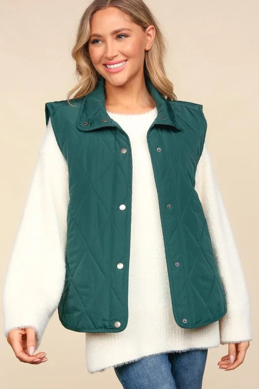 women's tops for business casual attireHunter Green Snap Button Quilted Vest - FINAL SALE