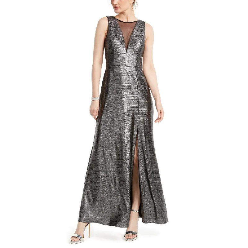 women's lace dressesNightway Women's Metallic Illusion-Mesh Gown Gunmetal Size 4