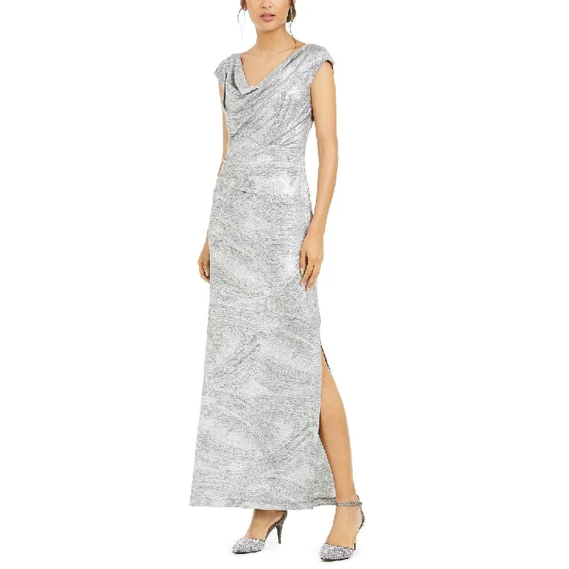 women's ruffle dressesConnected Women's Cowlneck Metallic Slit Gown Silver Size 10