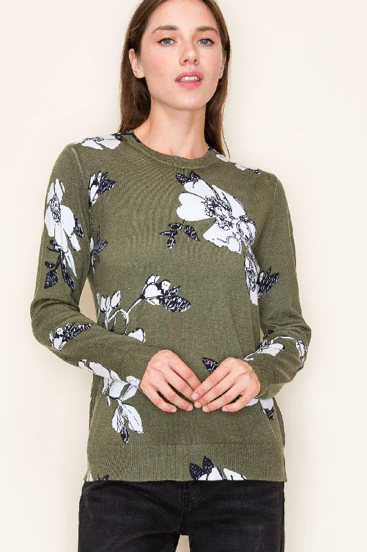 women's tops with geometric patternsDark Olive Floral Pullover - FINAL SALE