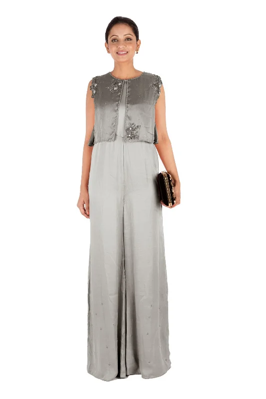 women's glam jumpsuitsHand Embroidered Grey Jumpsuit With Attach Jacket