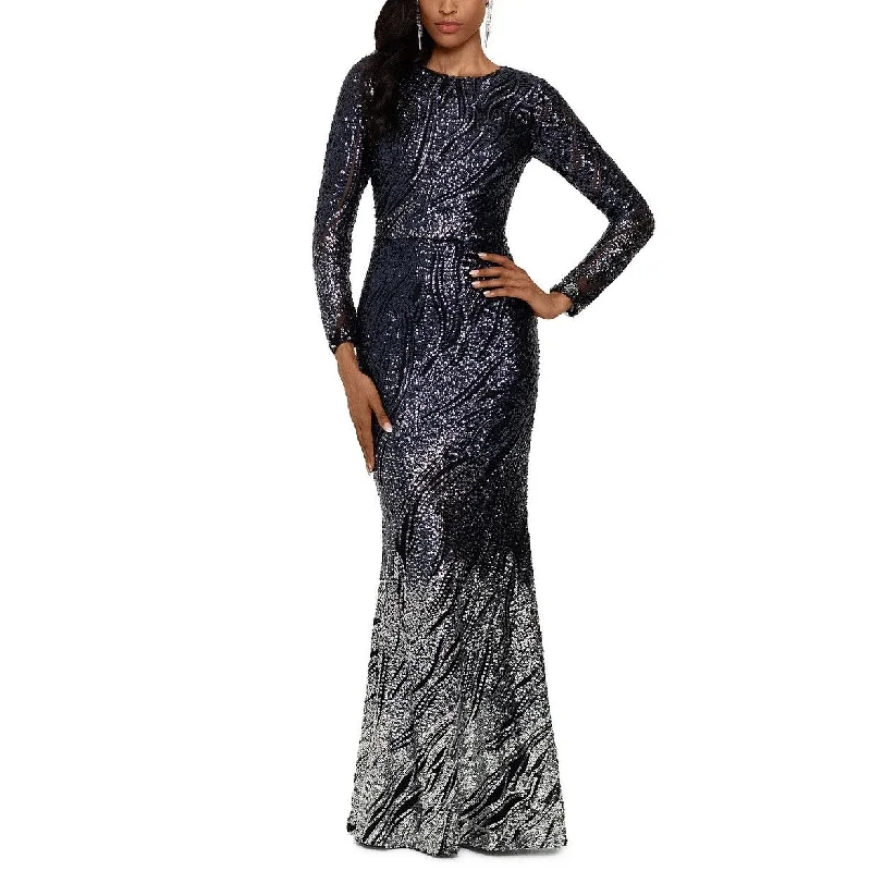 women's one-shoulder dressesBetsy & Adam Women's Long-Sleeve Ombré Sequined Gown Navy Size 6