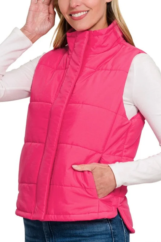 women's tops for cozy nights inHot Pink Basic Puffer Vest