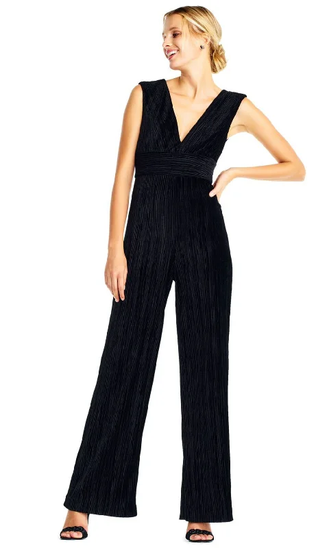 women's jumpsuits for formal eventsAdrianna Papell - AP1D101576SC V-Neck Pleated Velvet Jumpsuit