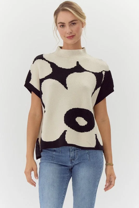 women's tops for those who seek both style and comfortBlack & Ivory Floral Mock Short Sleeve Sweater