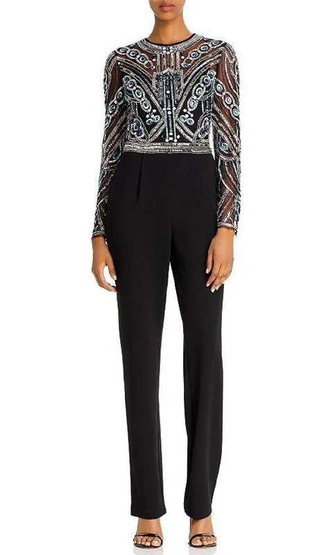 women's fitted jumpsuitsAidan Mattox - Long Sleeve Jewel Embellished Jumpsuit MD1E204736SC