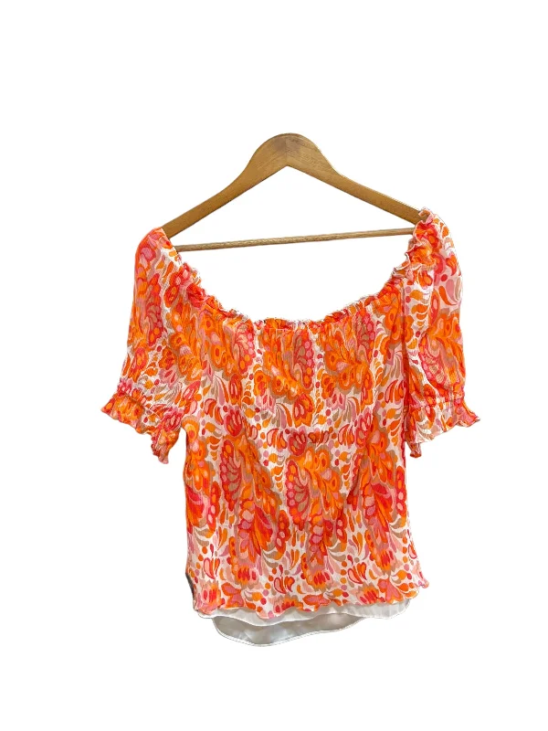 women's T-shirts with ruffle accentsOrange & Pink Top Short Sleeve Trina By Trina Turk, Size Xl