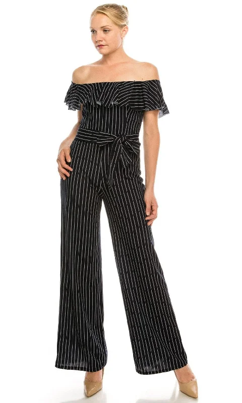 women's jumpsuits with cinched waistsNew Yorker's Apparel - 701351SC Ribbon Accented Striped Jumpsuit