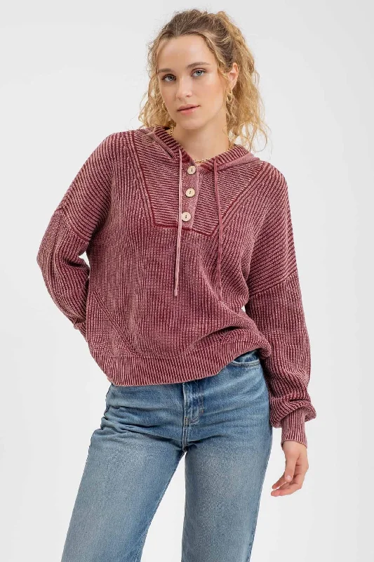 women's tops for bridal showers and baby showersBurgundy Vintage Wash Cable Knit Hoodie - FINAL SALE