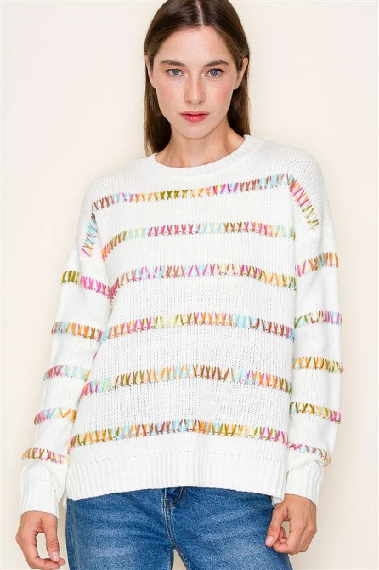 women's tops for statement-making outfitsPink Multicolor Stitched Sweater