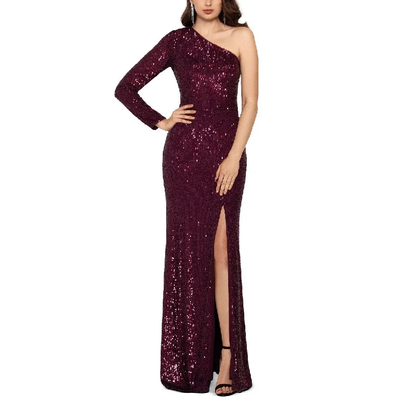 women's sheath dressesXscape Women's Sequinned One-Shoulder Gown Purple Size 8