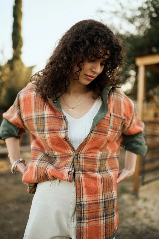 women's tops with sheer overlaysOlive & Rust Plaid Reversible Corduroy Shacket