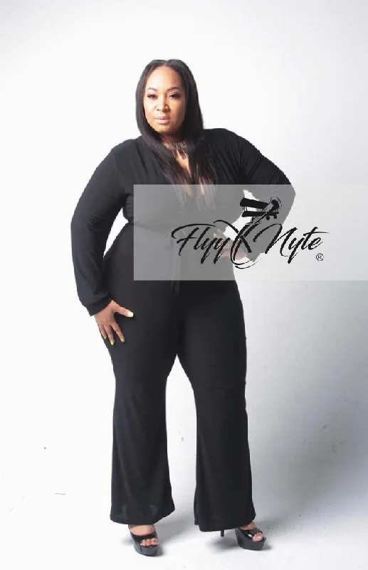 women's jumpsuits with Peter Pan collarsPlus Size Jumpsuit with Attached Tie in Black