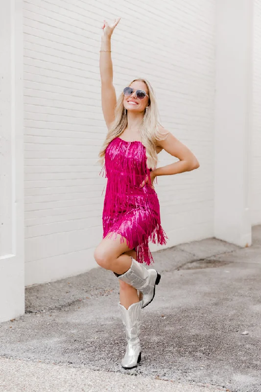 women's spaghetti strap dressesJust Ask Me Pink Sequin Fringe Tank Mini Dress FINAL SALE