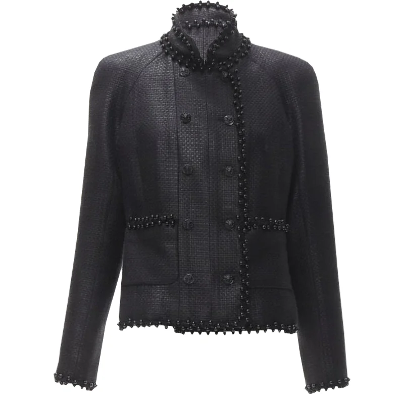 women's stylish coatsChanel lattice lacquer tweed bead embellished Lion button jacket