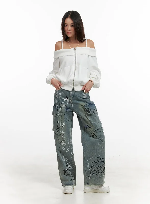 women's mom jeans denimCargo Painted Jeans CA430