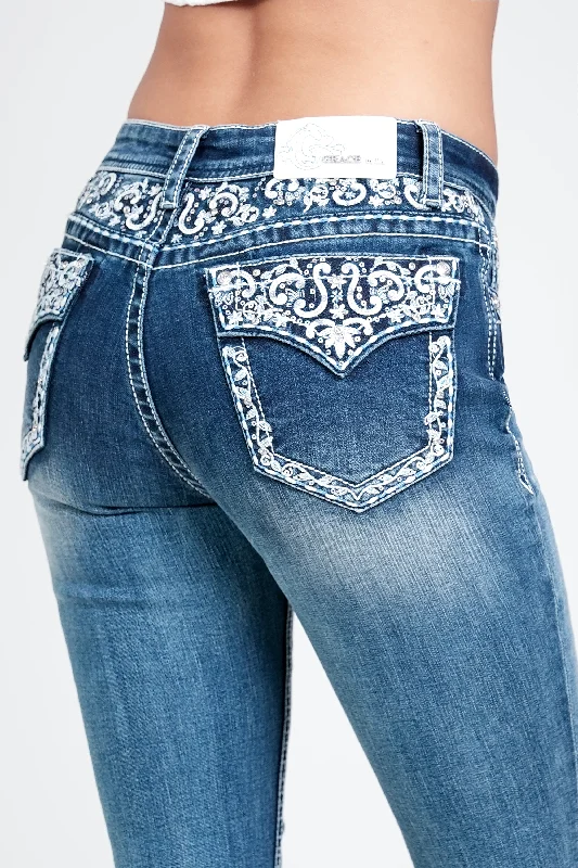 women's mid-rise denim jeansWestern Embroidery Yoke Details Embellished Mid Rise Bootcut Jeans