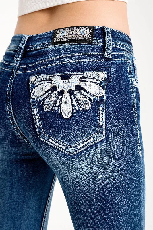 women's denim jeans for a timeless classic lookFeathers Mid Rise Bootcut Embellished Jeans