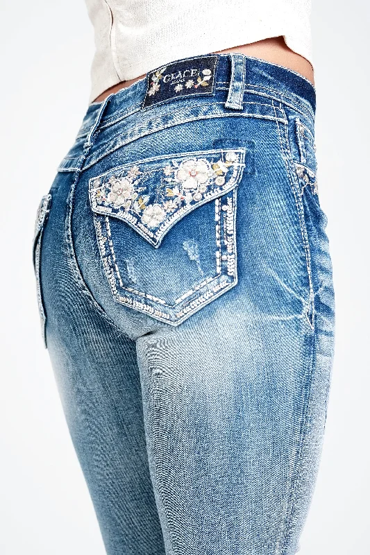 women's denim jeans for travelFloral Modify Faux Flap Embellished Mid Rise Bootcut Jeans