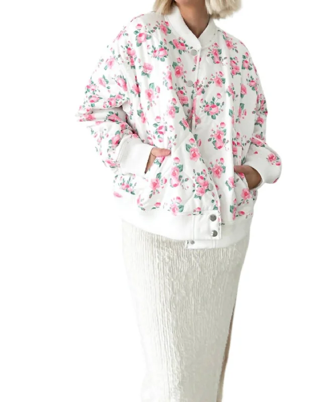 women's coats with thigh-high slitsTalk To Me Nicely Floral Quilted Bomber Jacket In White