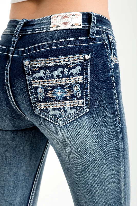 women's denim jeans with embroideryHorse Embellished Mid Rise Skinny Jeans