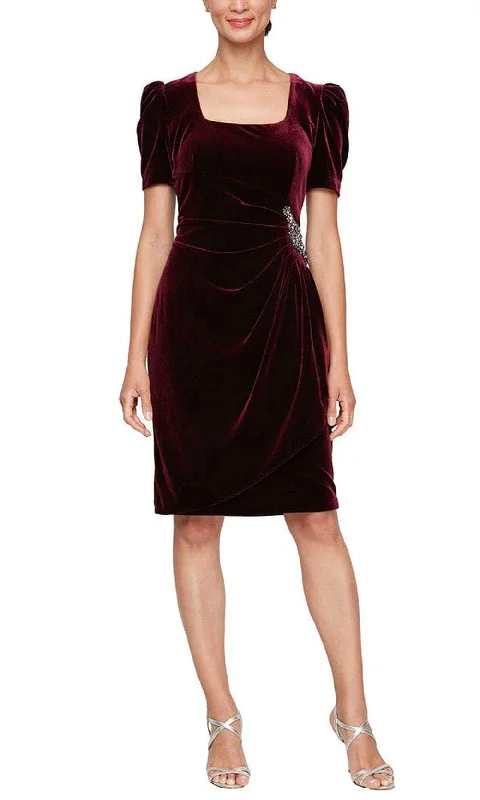 women's wrap dressesAlex Evenings 8191959 - Puff Shoulder Sleeve Ruched Detailed Cocktail Dress