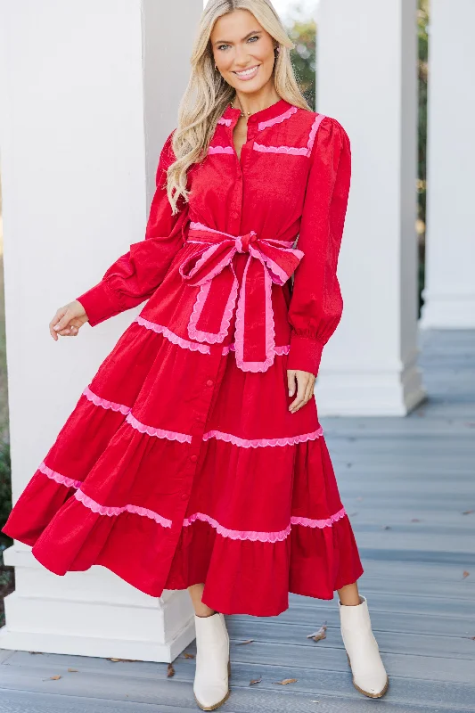 women's A-line dressesSo In Love Red Scalloped Midi Dress