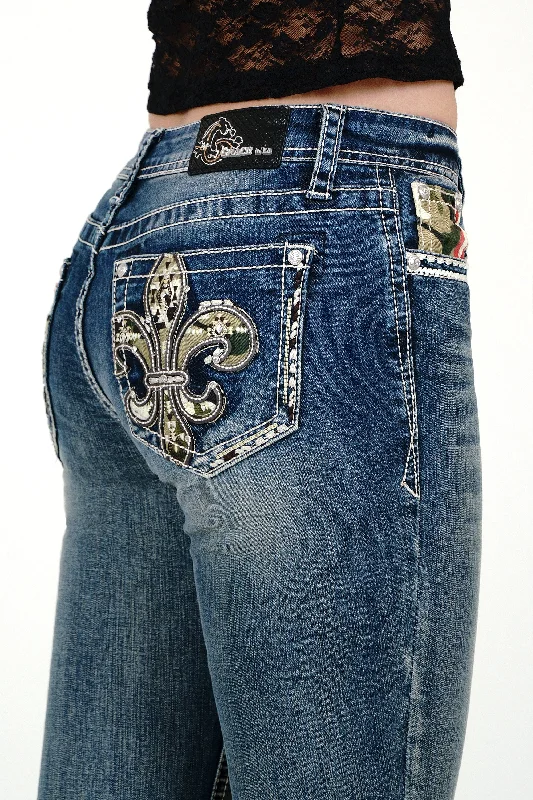 women's denim jeans for a cozy dayFlu De Lee Camo Embellished Mid Rise  Bootcut Jeans