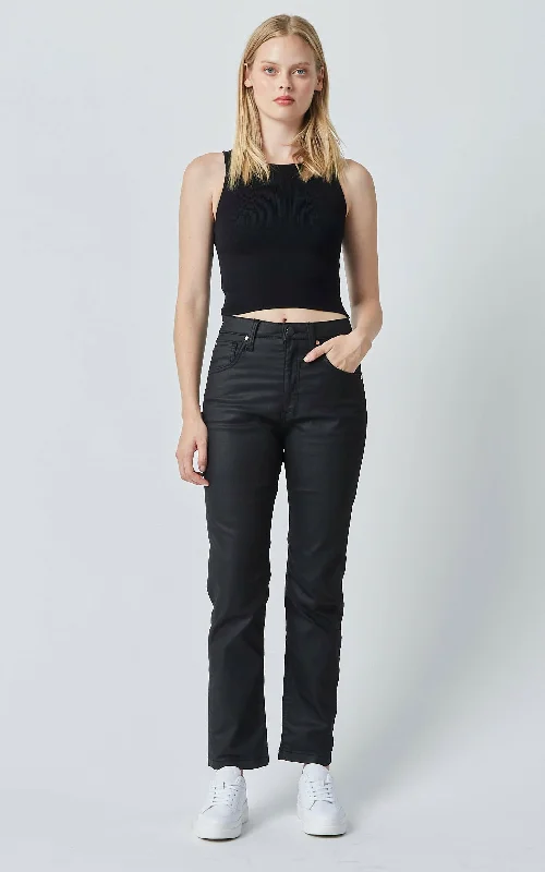 women's black denim jeansMika Coated Denim Straight Leg Jeans