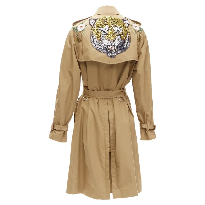 women's coats with geometric patternsGucci sequins tiger flower embroidery belted trench coat